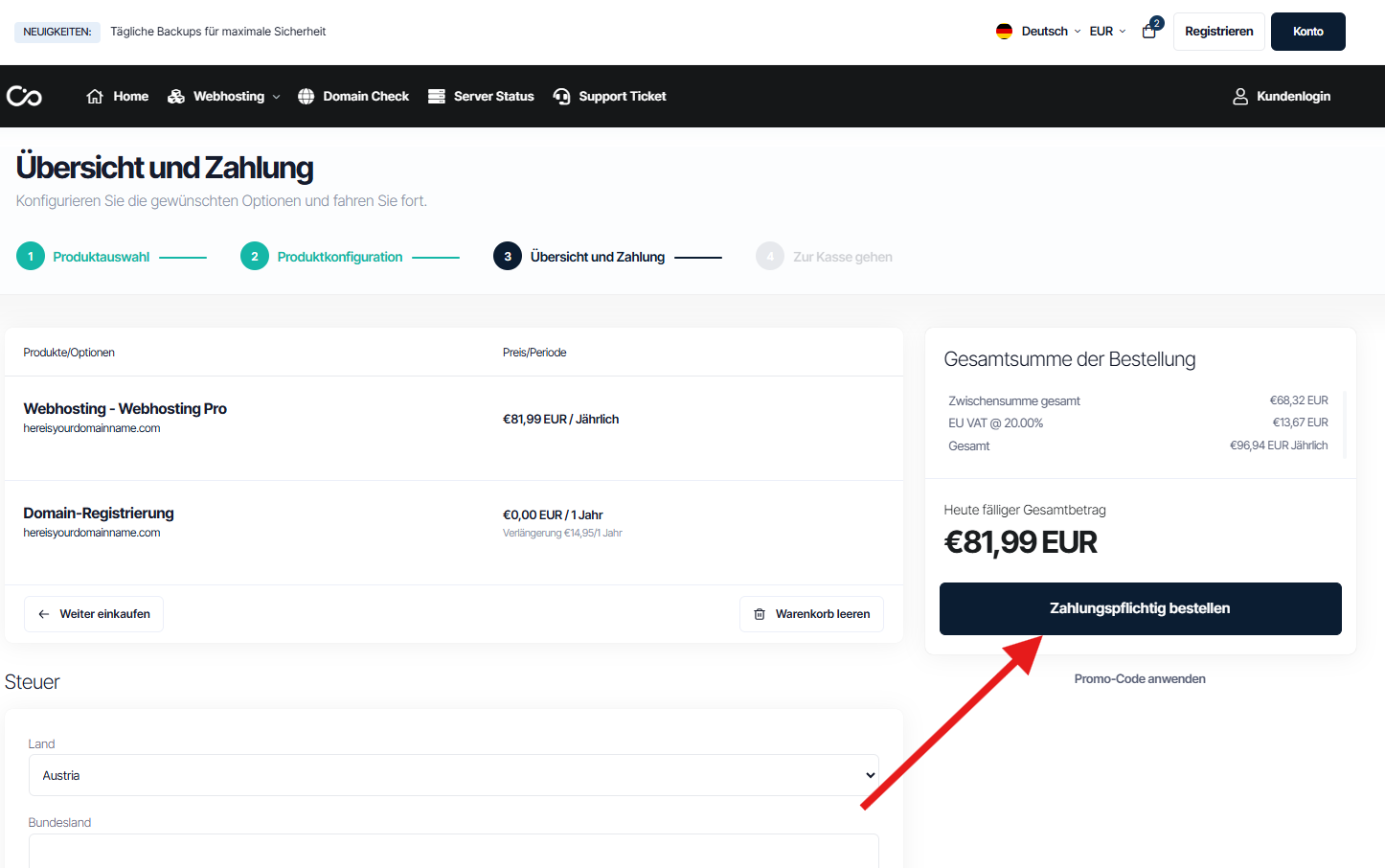CollabCore Checkout-Seite für die Bestellung von Webhosting und Domains