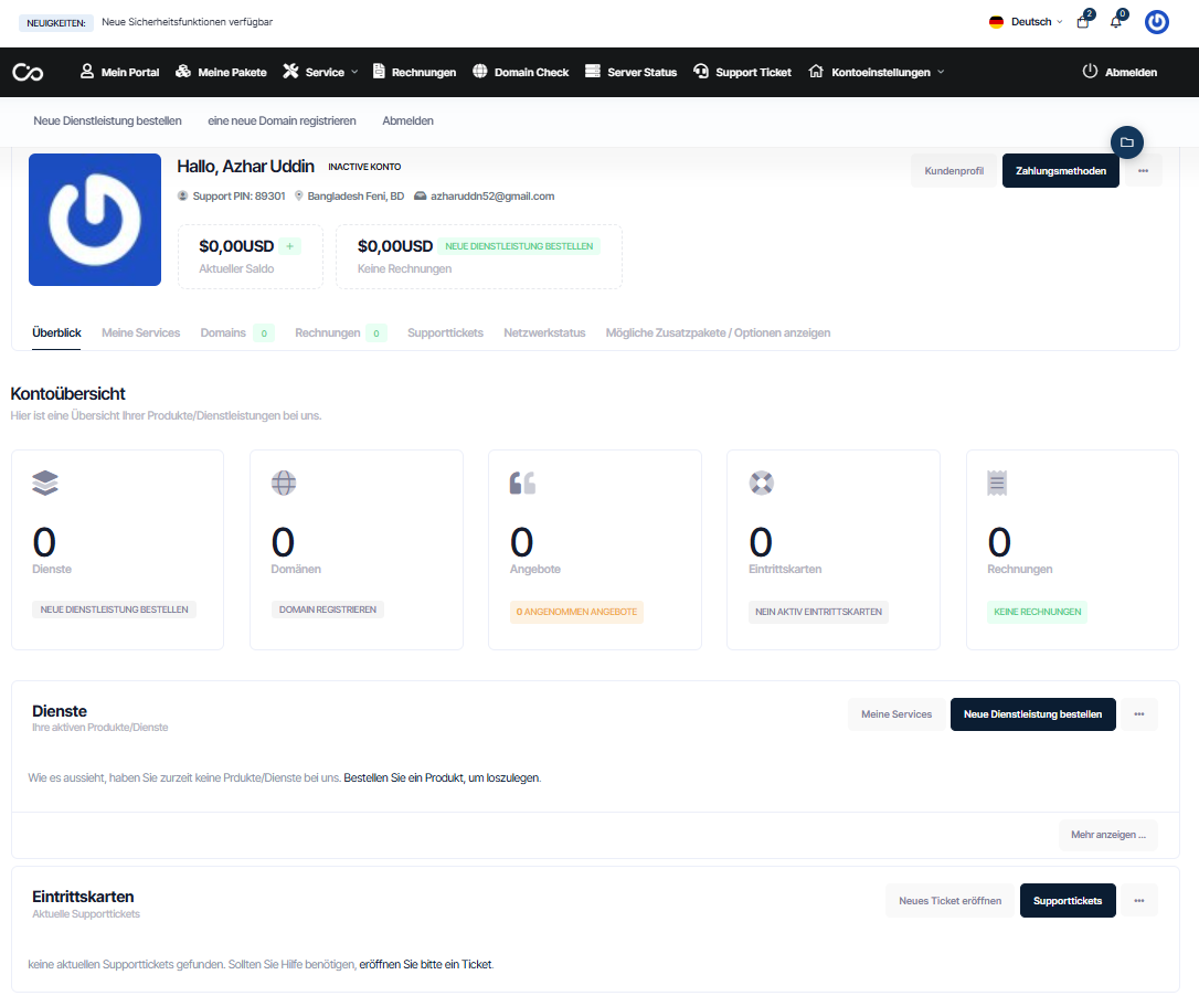 CollabCore Dashboard-Hauptmenü zur Verwaltung von Webhosting und Domains