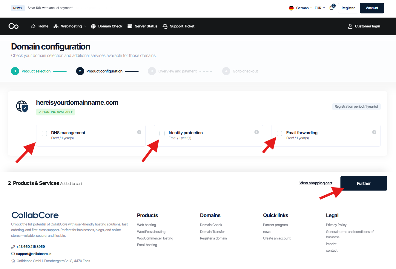 CollabCore Domain-Auswahl mit ‚Kaufen‘-Button zur Domainbestellung“