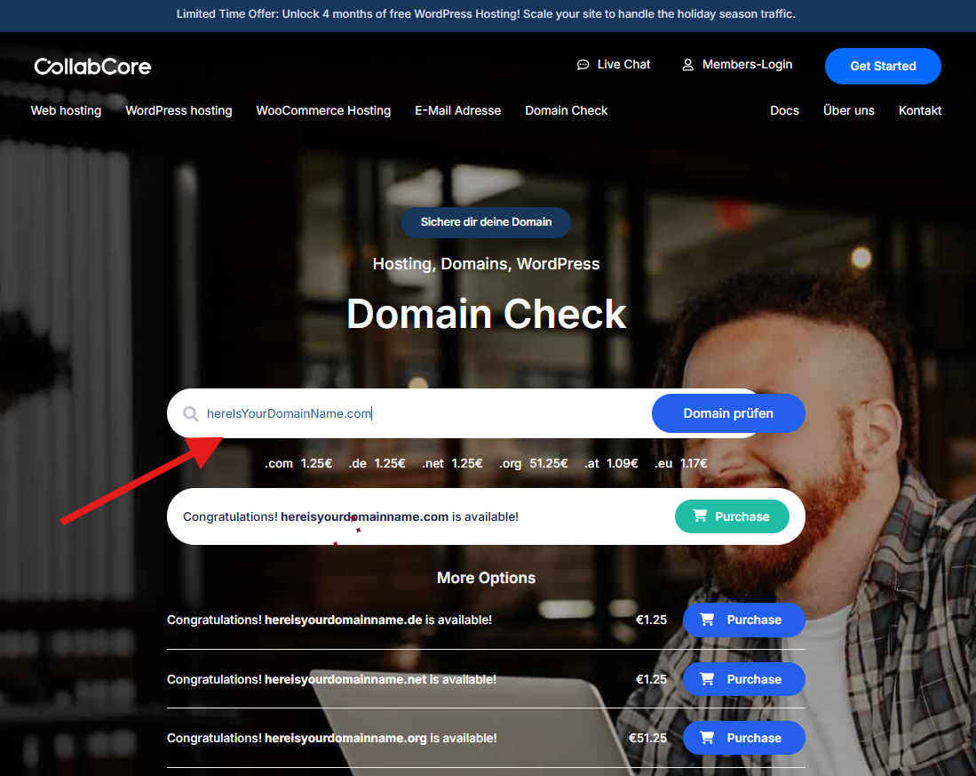 CollabCore Domain-Suchfeld zur Überprüfung der Verfügbarkeit von Domains