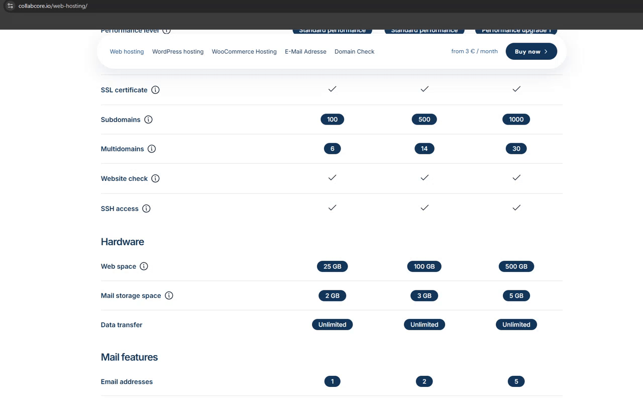 CollabCore-website-showing-a-comparison-table-of-hosting-plans-including-features-like-storage-bandwidth-SSL-and-support-options