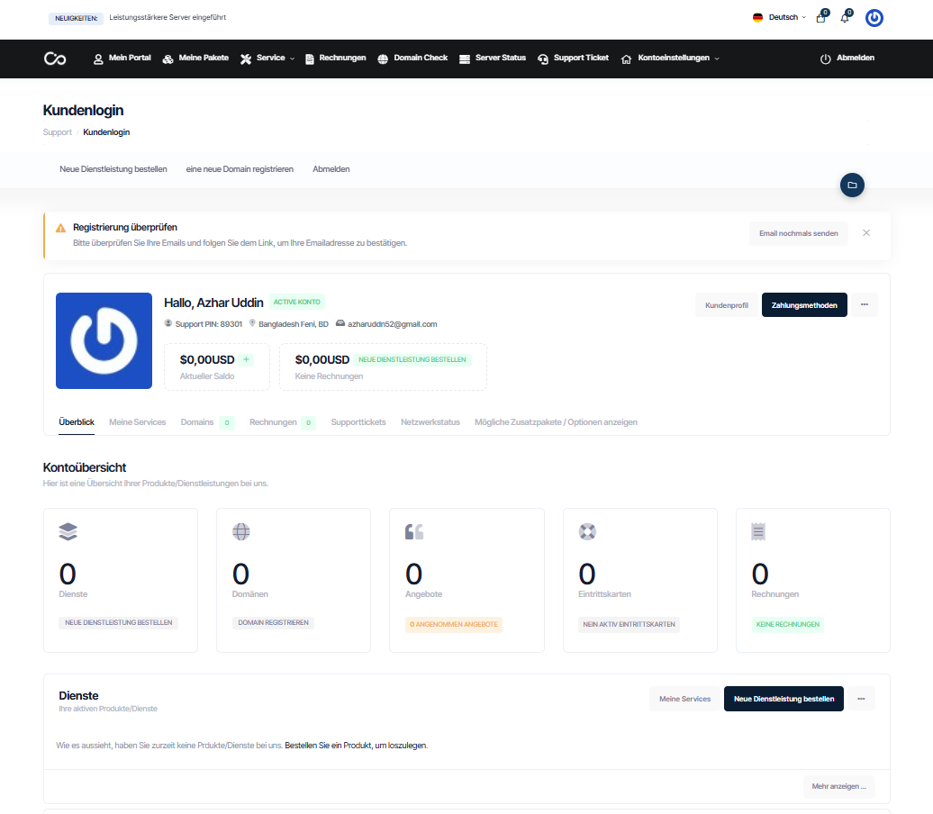 CollabCore user dashboard showing domain and hosting management tools