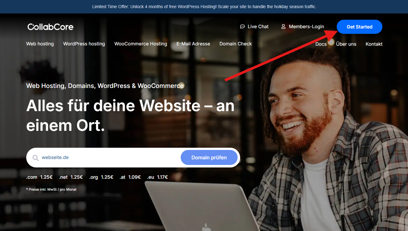 Hervorgehobene Get Started-Schaltfläche auf der CollabCore-Website zur Benutzerregistrierung 