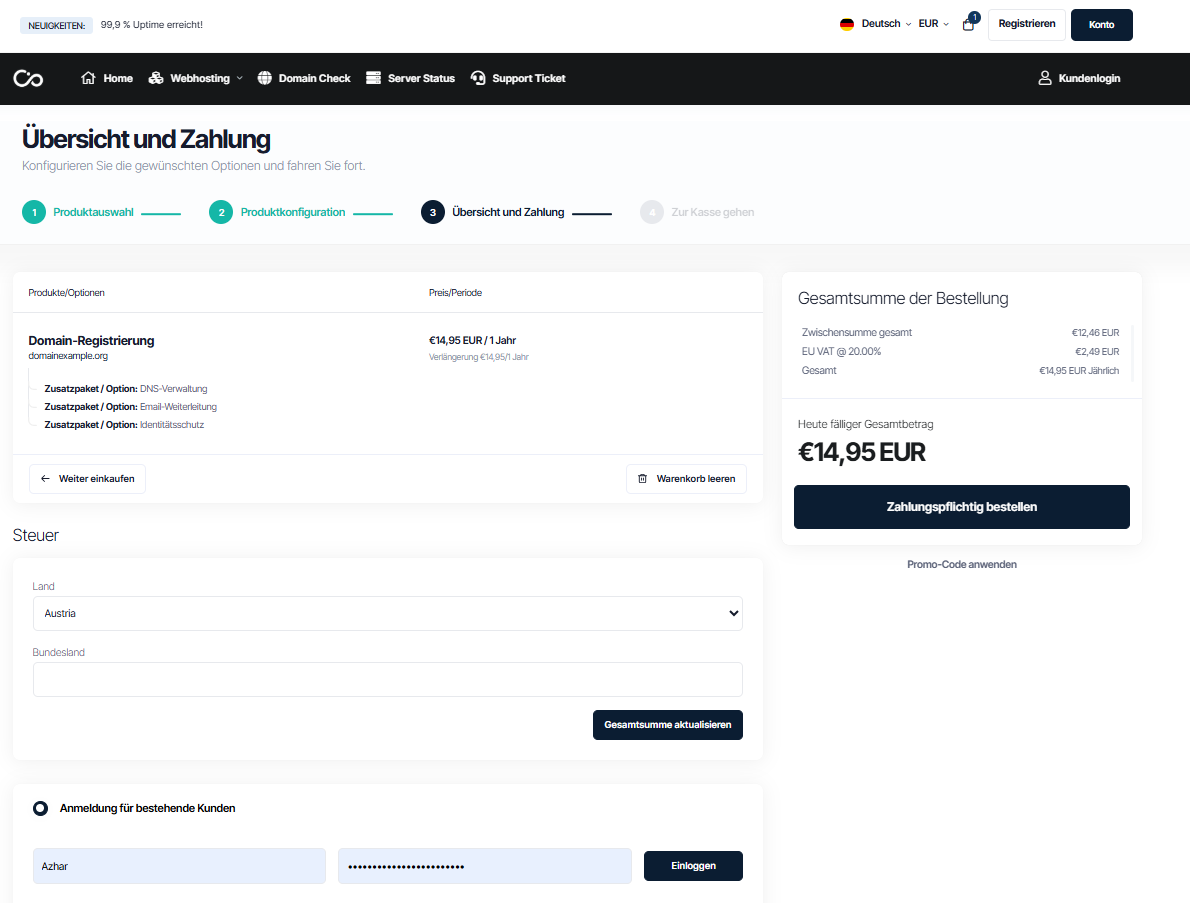 Screenshot der CollabCore-Checkout-Seite mit Rechnungsdetails, ausgewählter Domain und Zusammenfassung des Kaufs