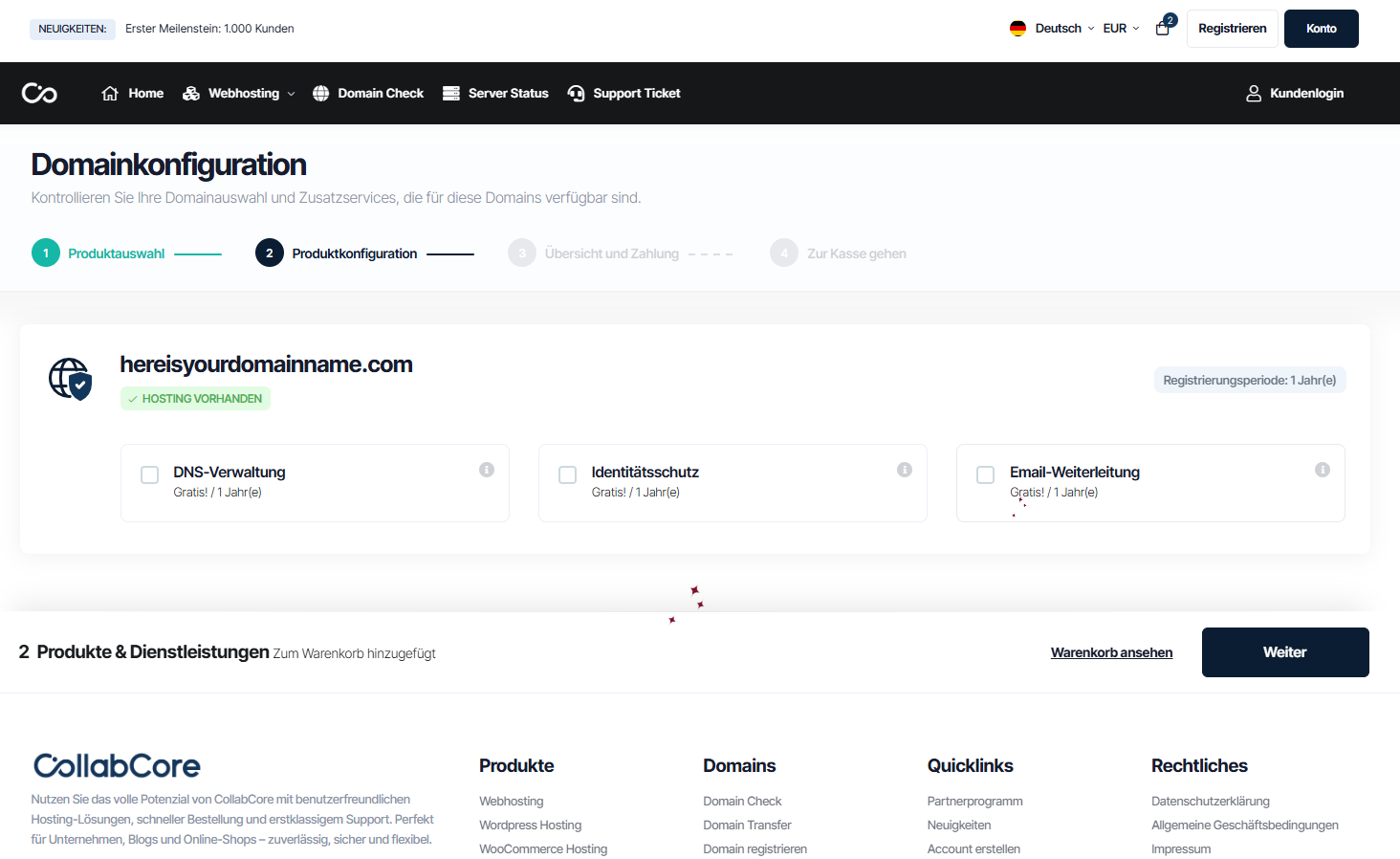 Screenshot der CollabCore-Checkout-Seite mit Übersicht über das gewählte Webhosting-Paket, Zusatzoptionen, Zahlungsinformationen und Schaltfläche zur Bestellbestätigung