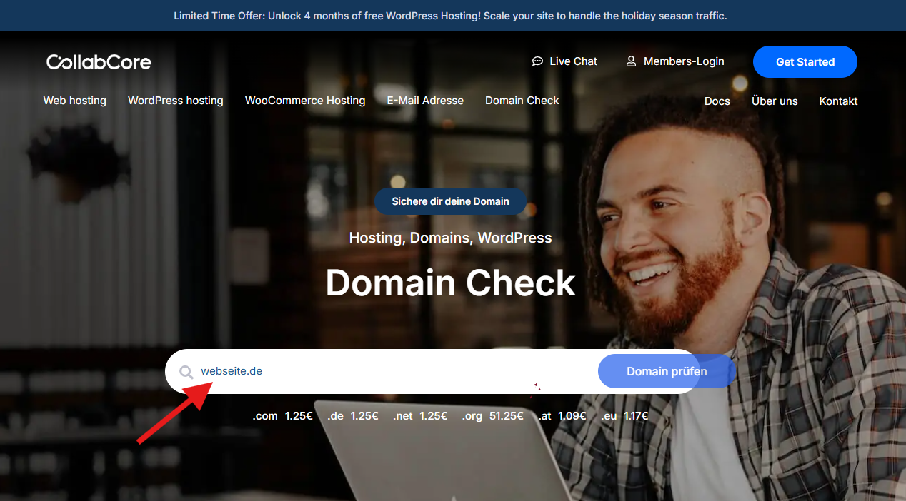 Screenshot der CollabCore-Domain-Suchfunktion mit markiertem Eingabefeld zur Überprüfung der Domainverfügbarkeit