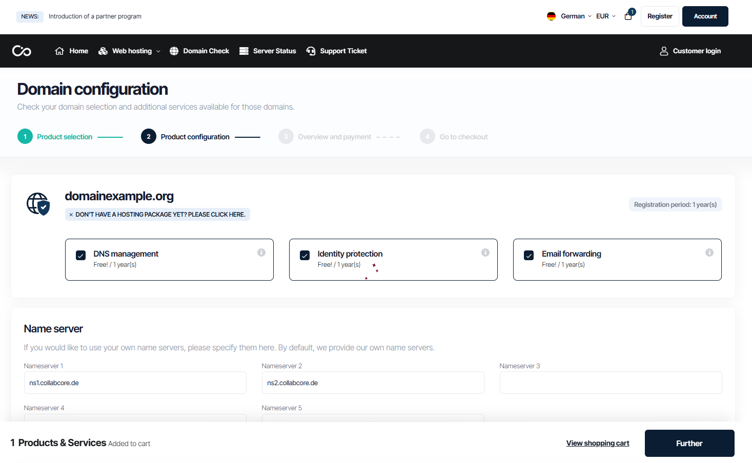 Screenshot der CollabCore-Warenkorbseite mit ausgewählter Domain und optionalen Zusatzdiensten wie DNS-Verwaltung, Identitätsschutz und E-Mail-Weiterleitung