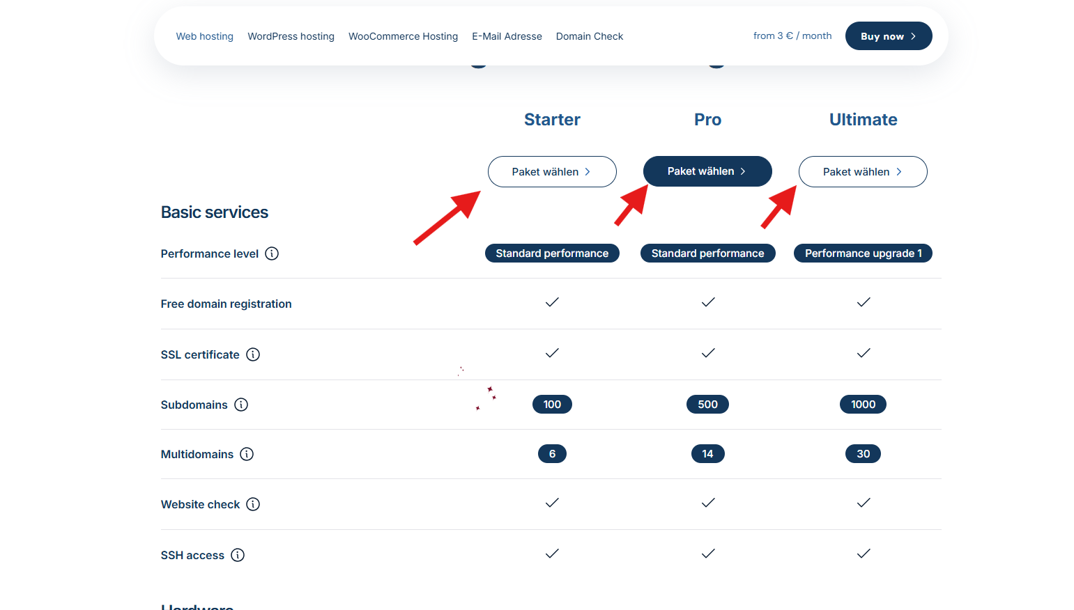 Screenshot der CollabCore-Webhosting-Seite mit hervorgehobener Schaltfläche „Jetzt kaufen“ zur Auswahl eines Hosting-Pakets