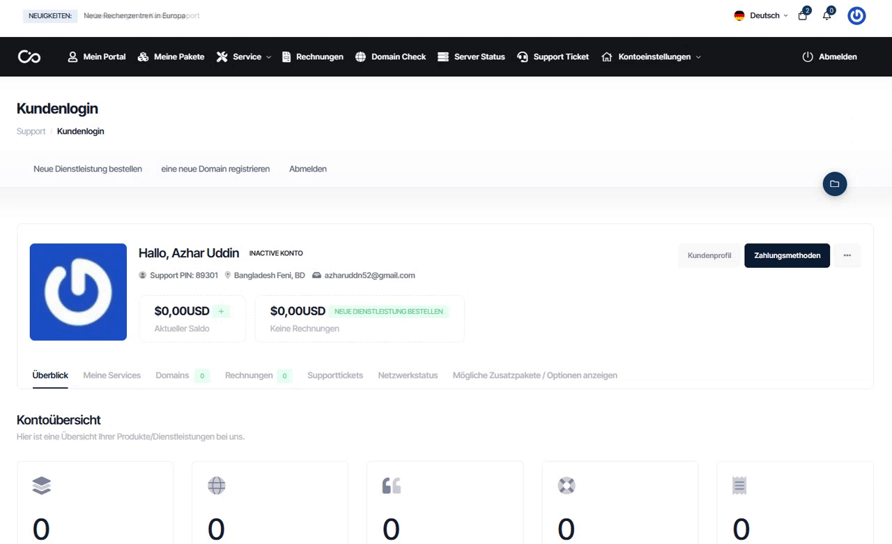 Screenshot des CollabCore-Benutzer-Dashboards mit Navigation zu Webhosting, Domains, E-Mail-Konten und Paketverwaltung