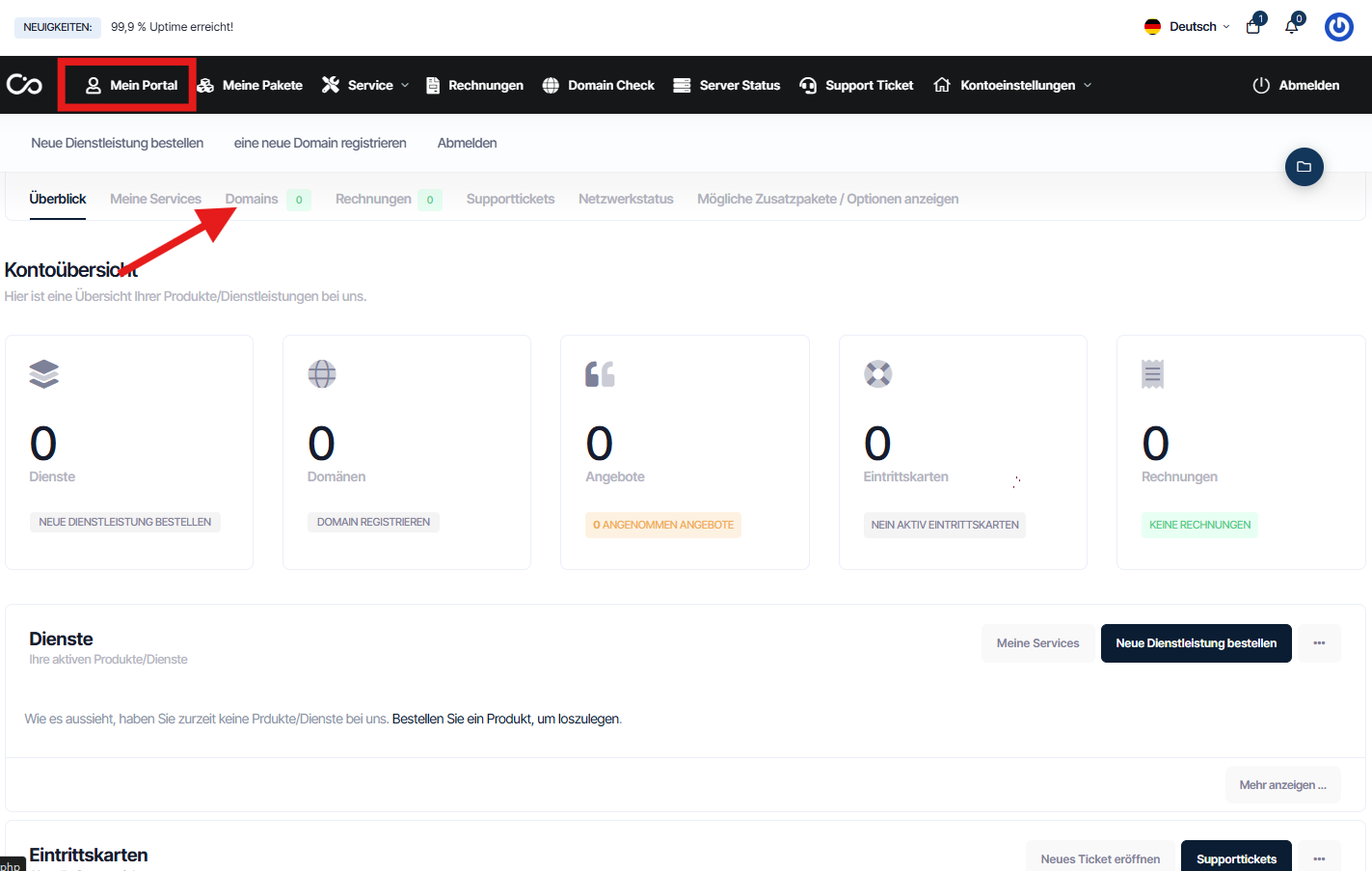 Screenshot des CollabCore-Dashboards mit Domain-Verwaltungsoptionen wie DNS-Einstellungen, Verlängerungsoptionen und Domain-Weiterleitung