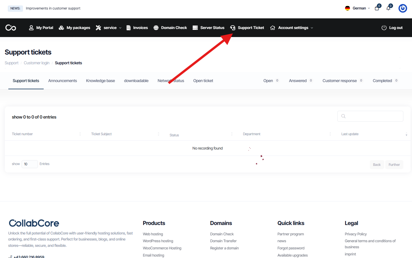Mein Konto-Seite auf CollabCore mit Hosting-, Domain- und Support-Funktionen