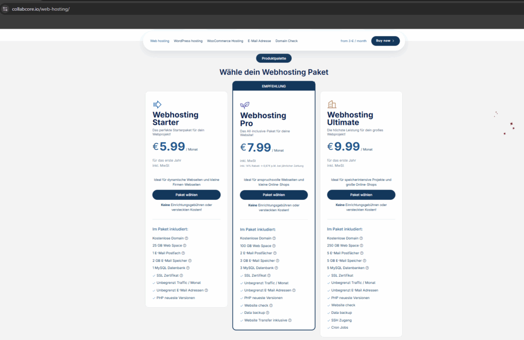 Übersicht der CollabCore Hosting-Pakete zur Auswahl für Webhosting