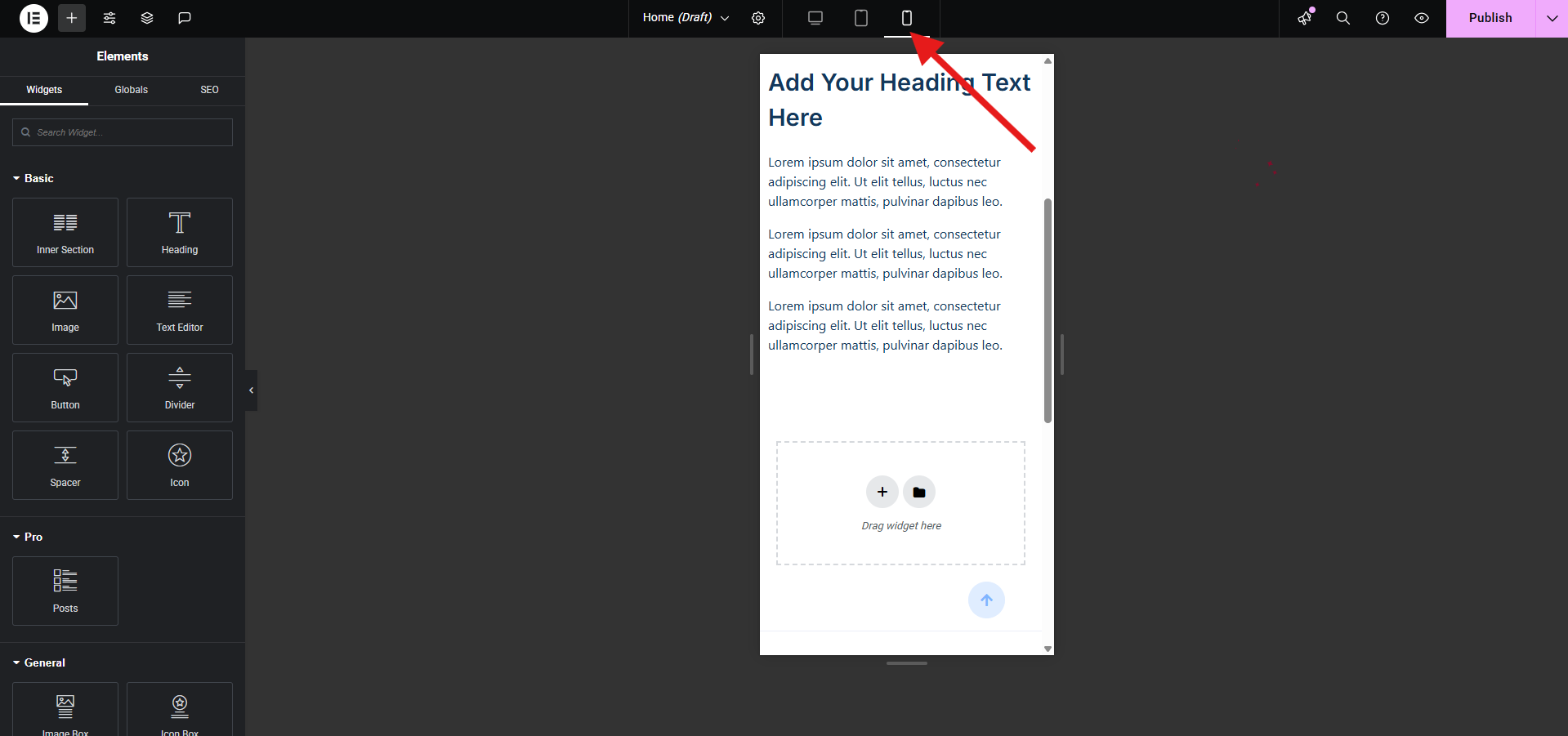 Elementor responsive option tools marked screenshot