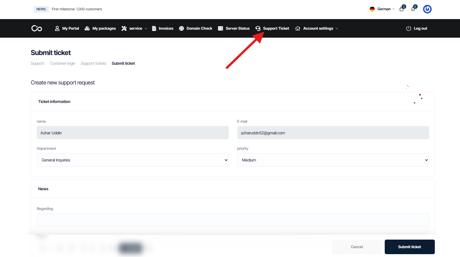 Support ticket option on ourCollabCore dashboard